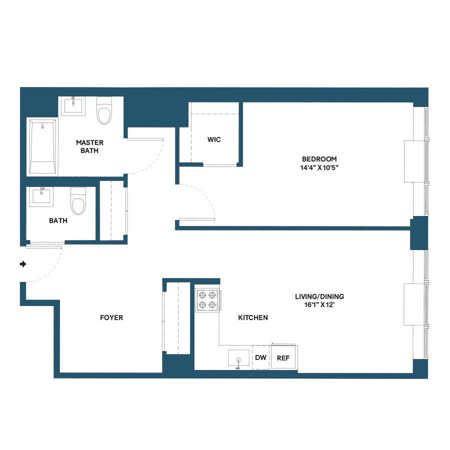 Floor plan for 1 bed, 1.5 baths, 809 sqft