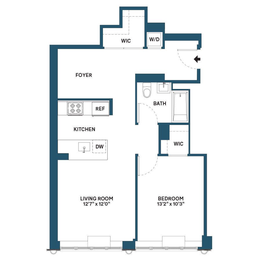 Floor plan for 1 bed, 1 bath, 792 sqft