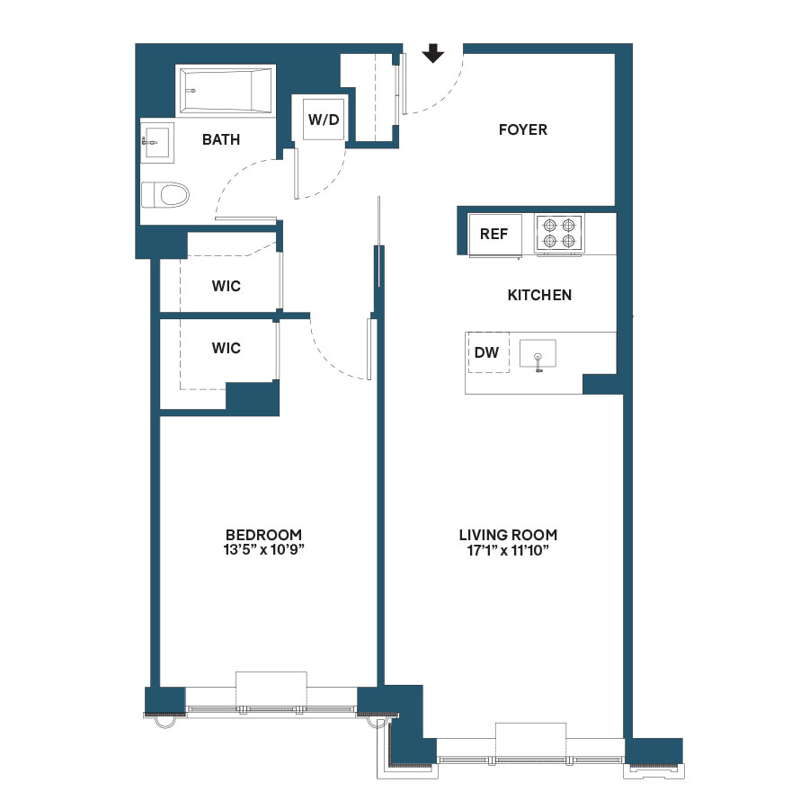 Floor plan for 1 bed, 1 bath, 819 sqft