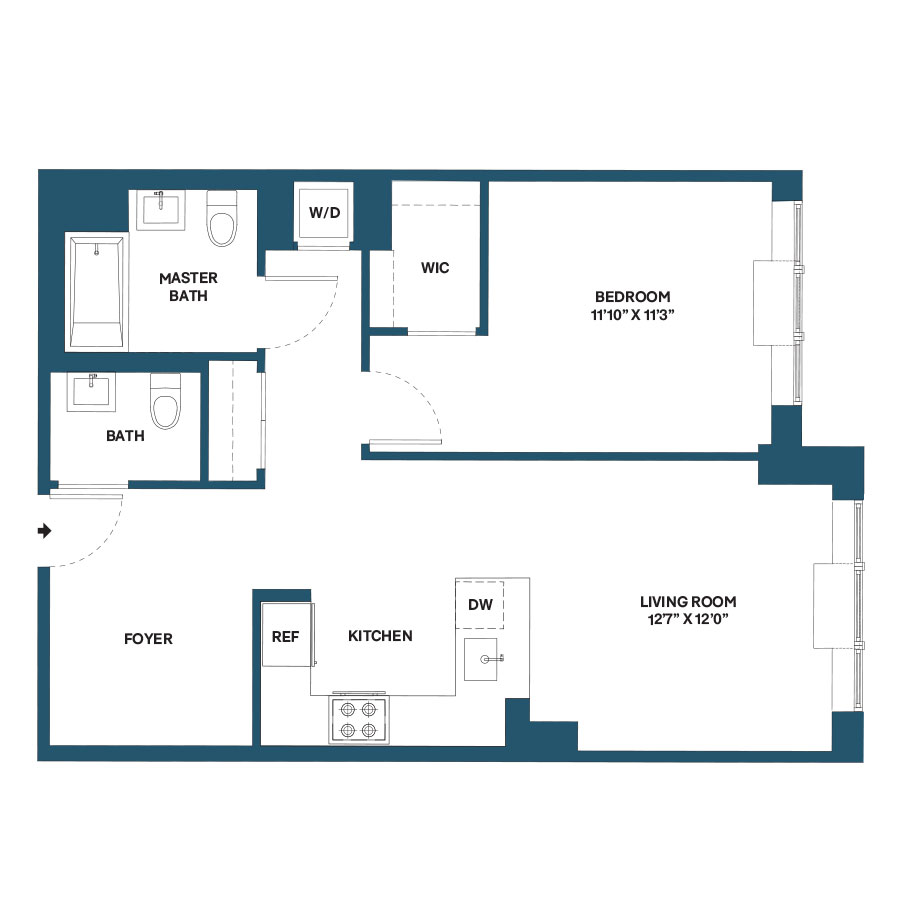 Floor plan for 1 bed, 1.5 baths, 806 sqft