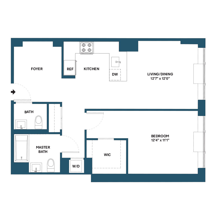 Floor plan for 1 bed, 1.5 baths, 846 sqft