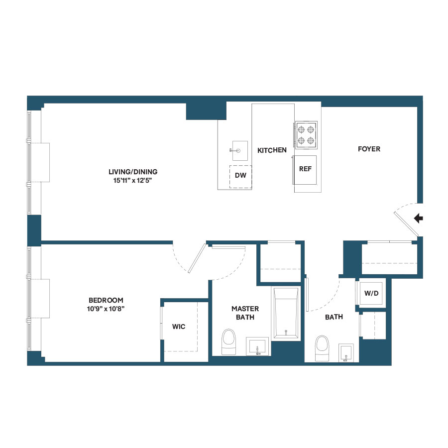 Floor plan for 1 bed, 1.5 baths, 857 sqft