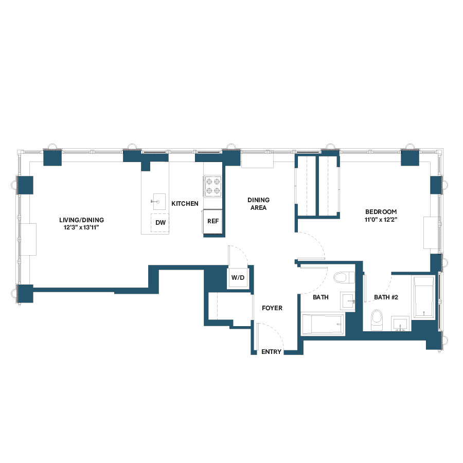 Floor plan for 1 bed, 2 baths