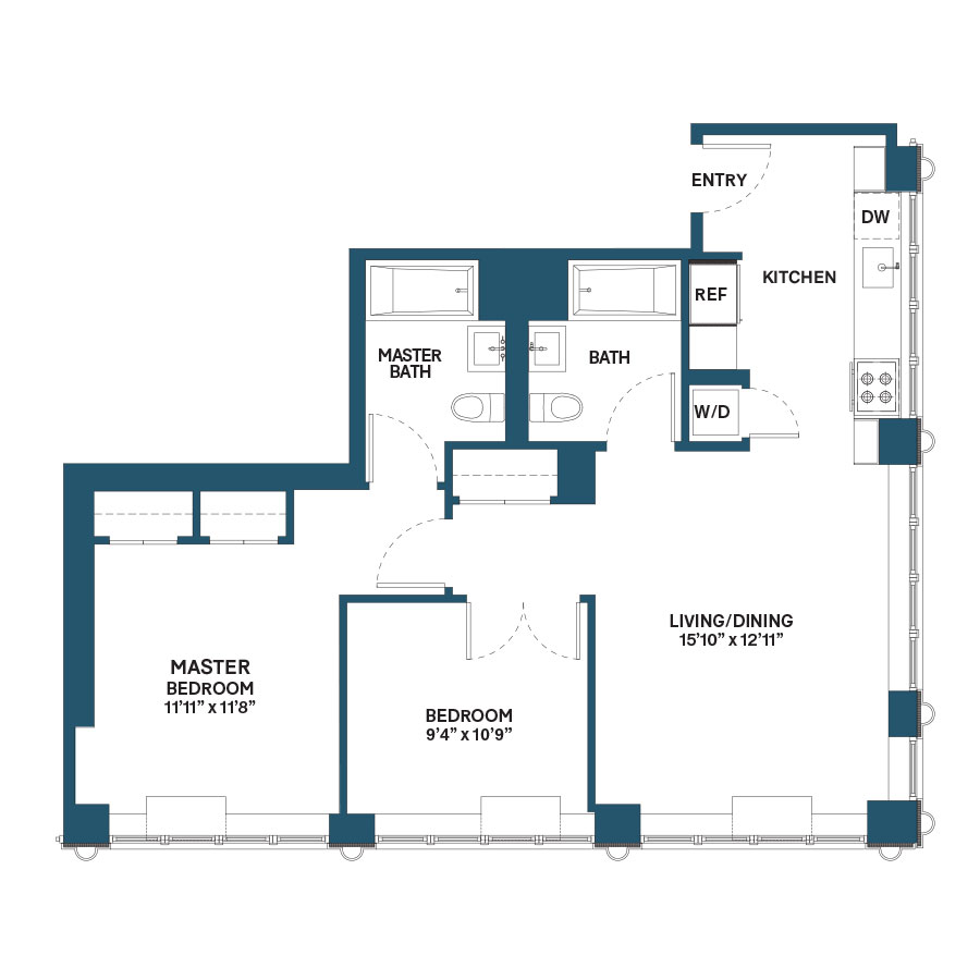 Floor plan for 1 bed, 2 baths, 908 sqft