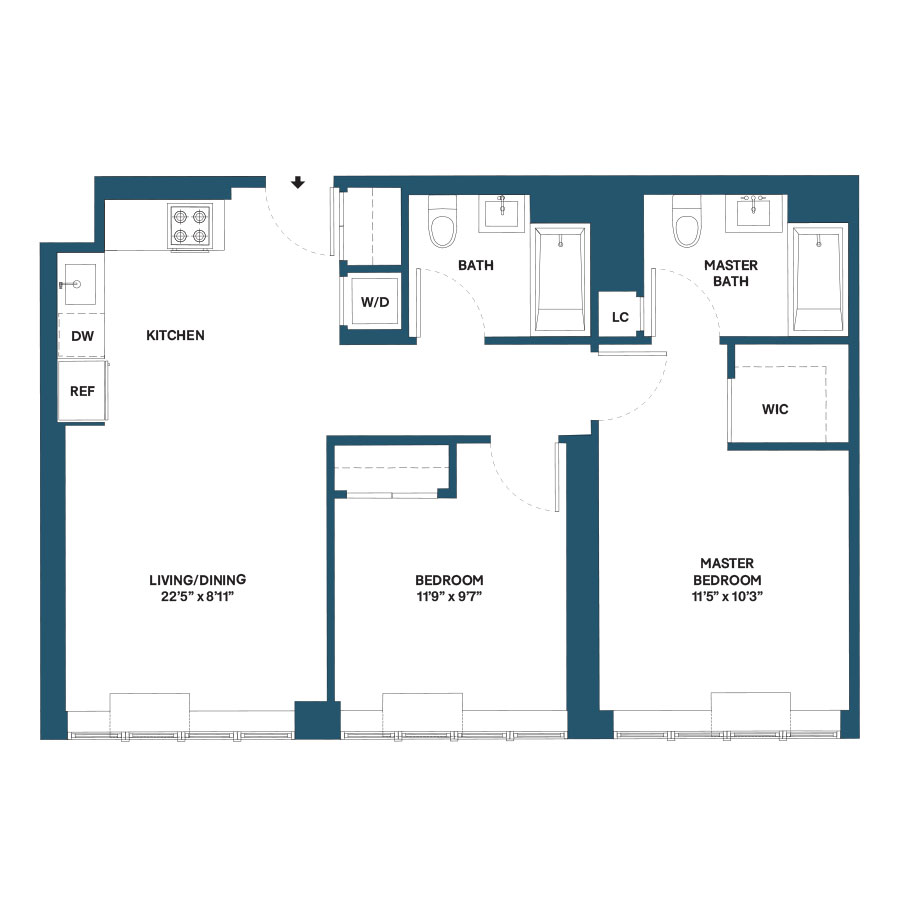 Floor plan for 2 beds, 2 baths