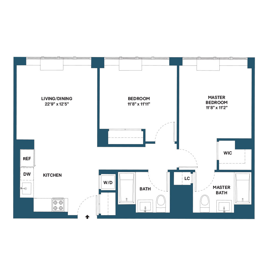 Floor plan for 2 beds, 2 baths, 897 sqft