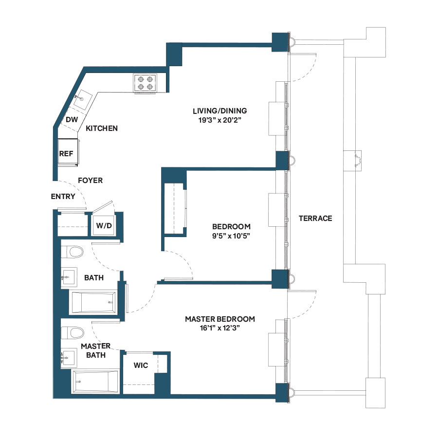 Floor plan for 2 beds, 2 baths, 879 sqft