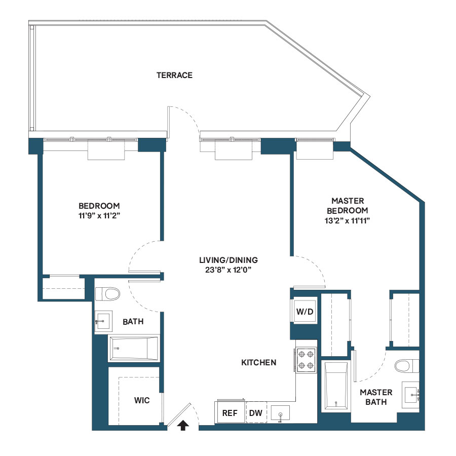 Floor plan for 2 beds, 2 baths