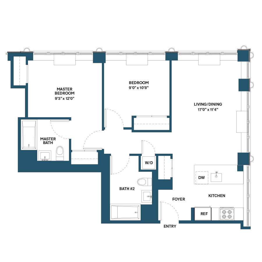 Floor plan for 2 beds, 2 baths, 922 sqft