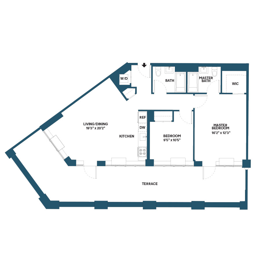 Floor plan for 2 beds, 2 baths