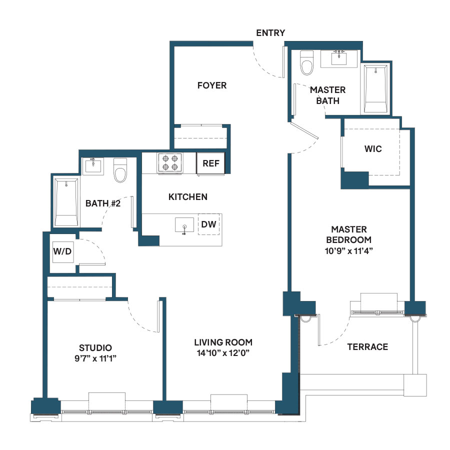 Floor plan for 2 beds, 2 baths