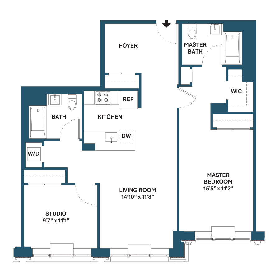 Floor plan for 2 beds, 2 baths, 1110 sqft