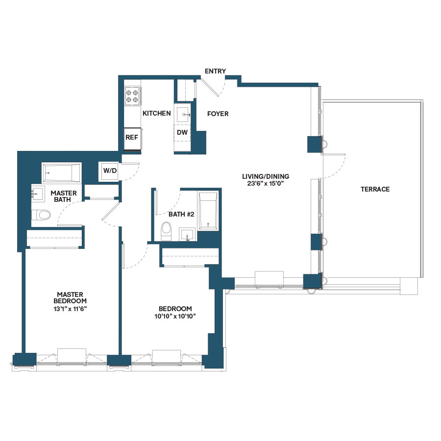 Floor plan for 2 beds, 2 baths