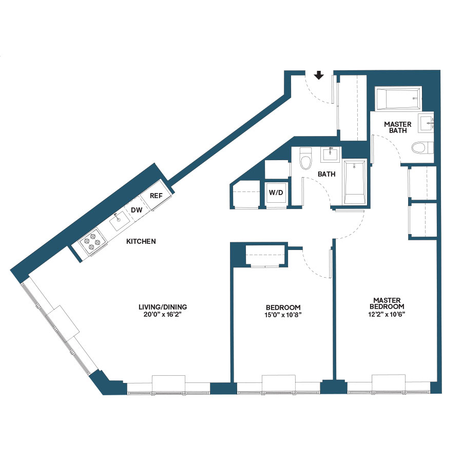 Floor plan for 2 beds, 2 baths, 1169 sqft