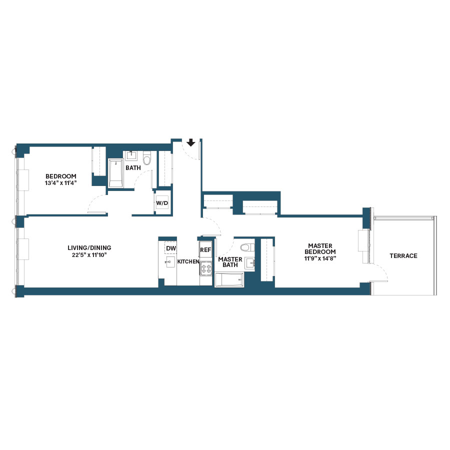 Floor plan for 2 beds, 2 baths