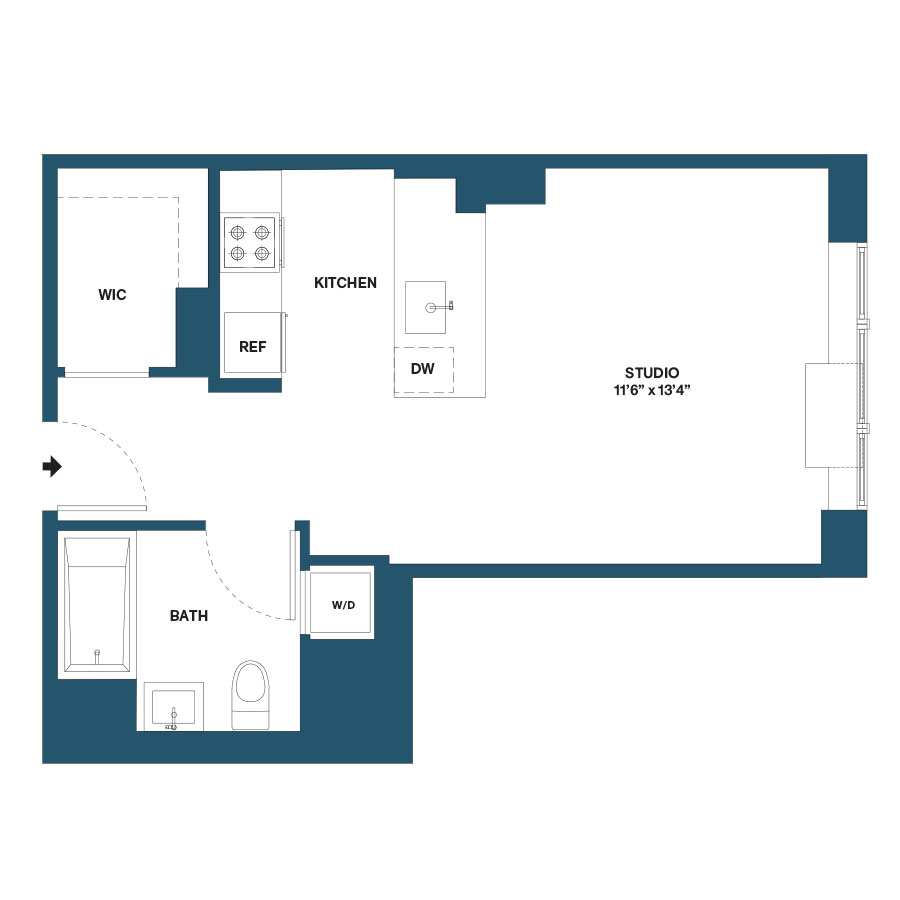 Floor plan for studio, 1 bath, 446 sqft