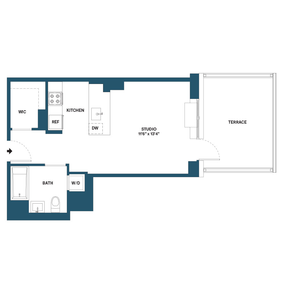 Floor plan for studio, 1 bath, 454 sqft