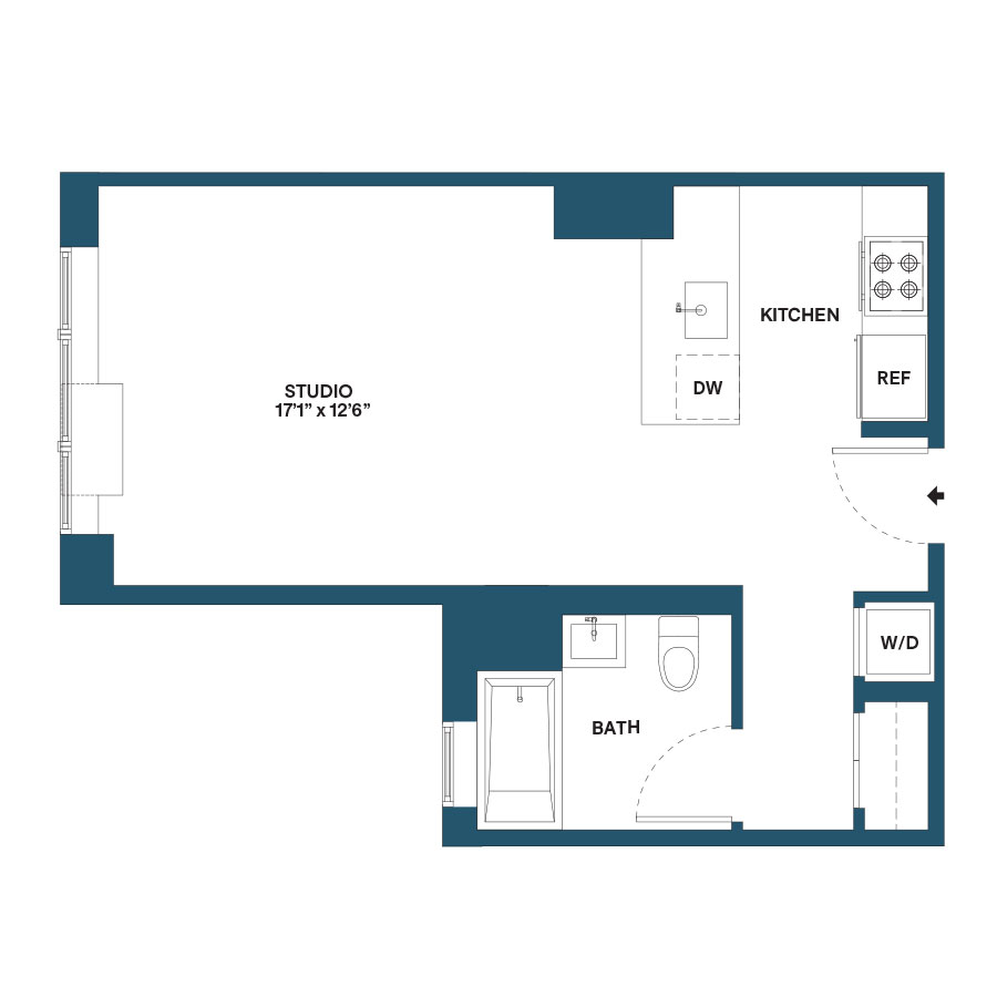Floor plan for studio, 1 bath, 484 sqft