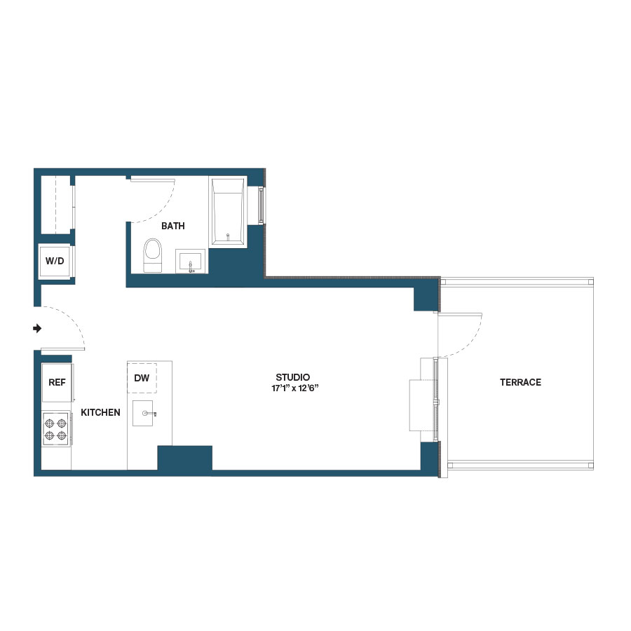 Floor plan for studio, 1 bath
