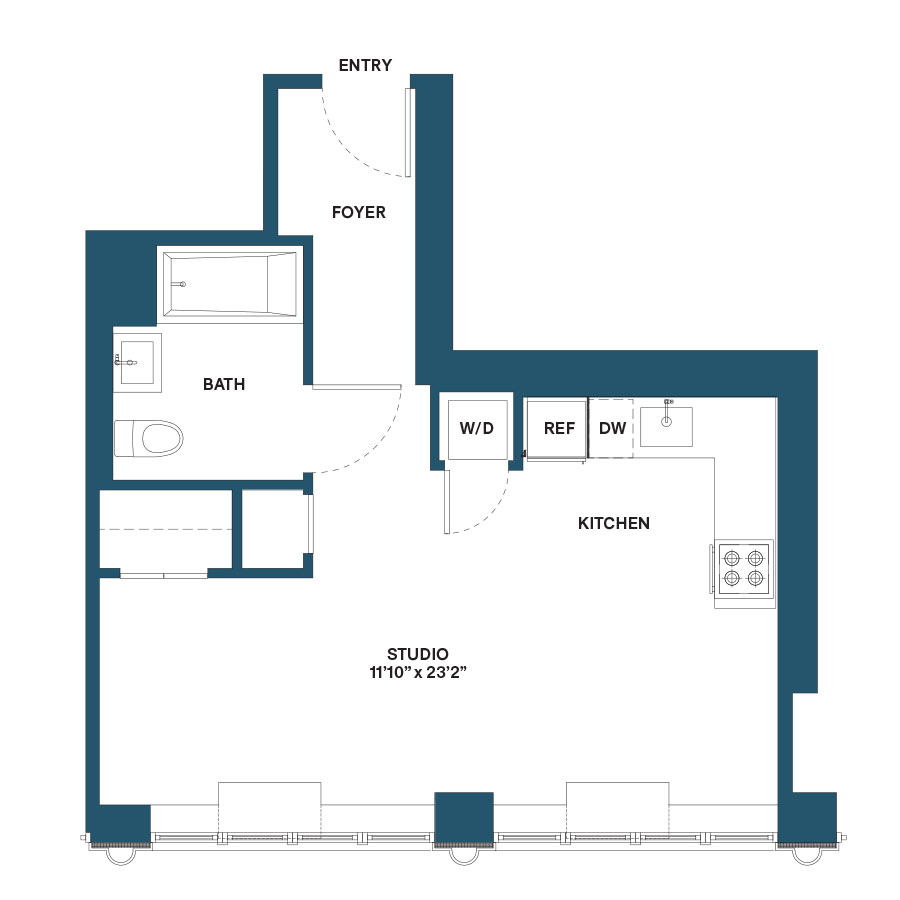 Floor plan for studio, 1 bath, 475 sqft