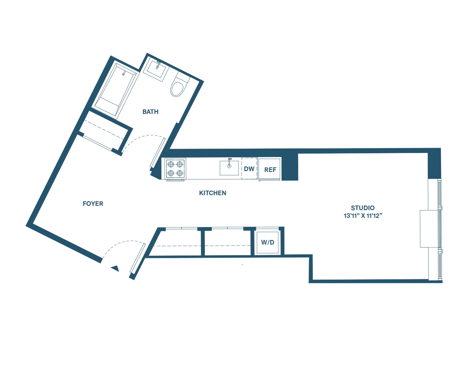 Floor plan for studio, 1 bath, 509 sqft