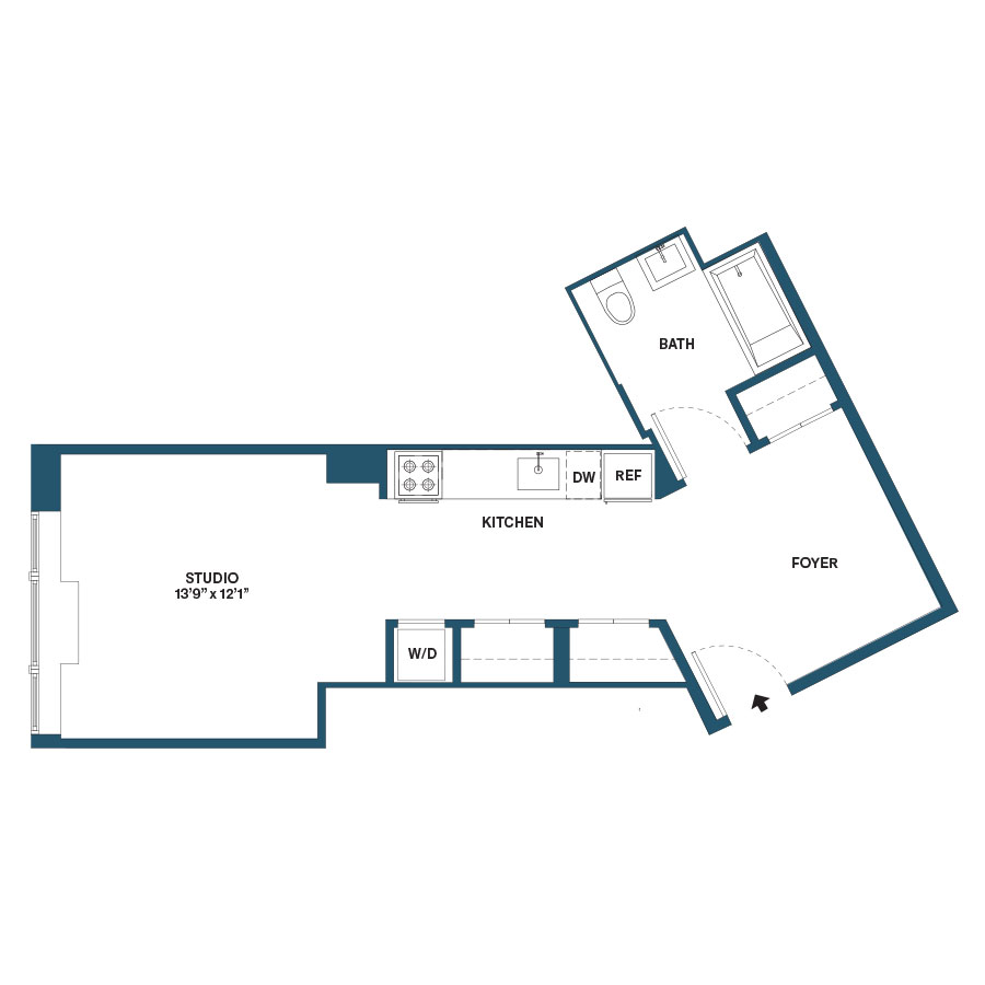 Floor plan for studio, 1 bath, 513 sqft