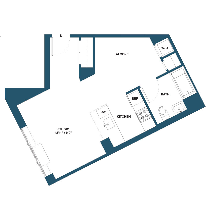 Floor plan for studio, 1 bath, 500 sqft