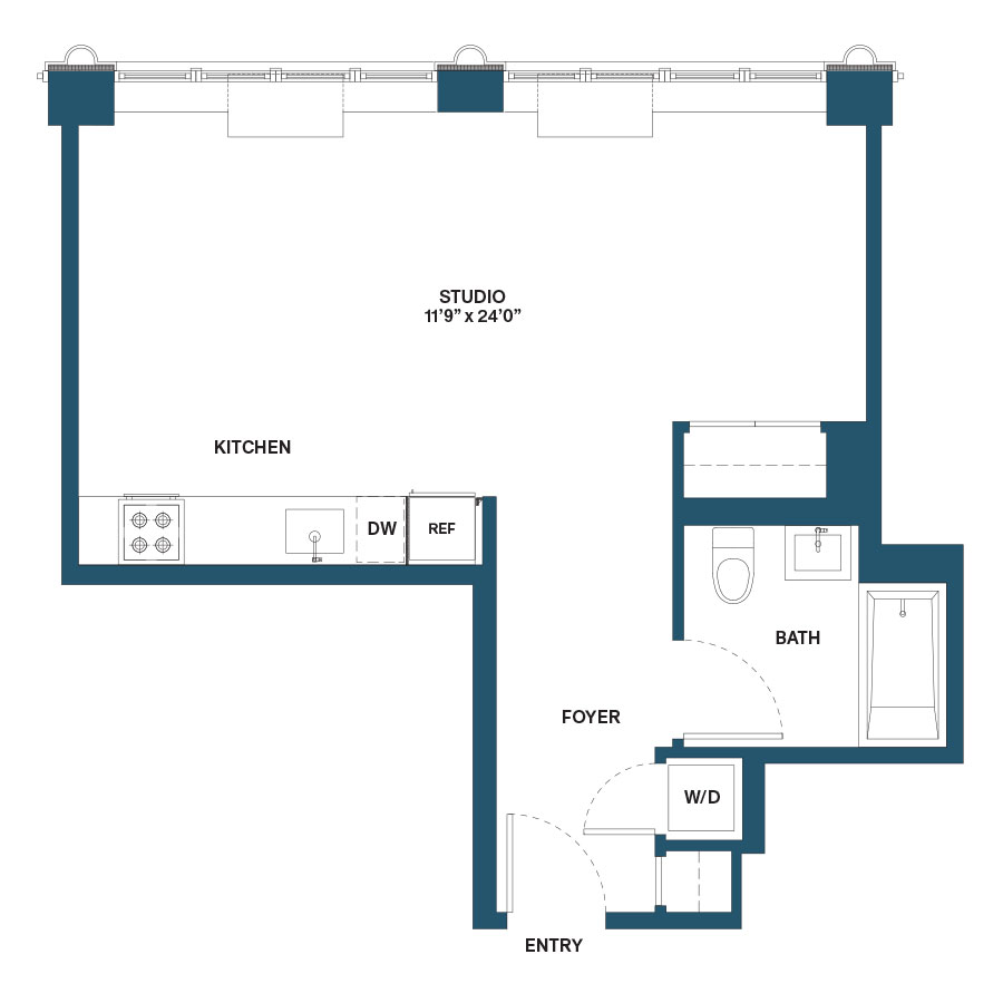 Floor plan for studio, 1 bath