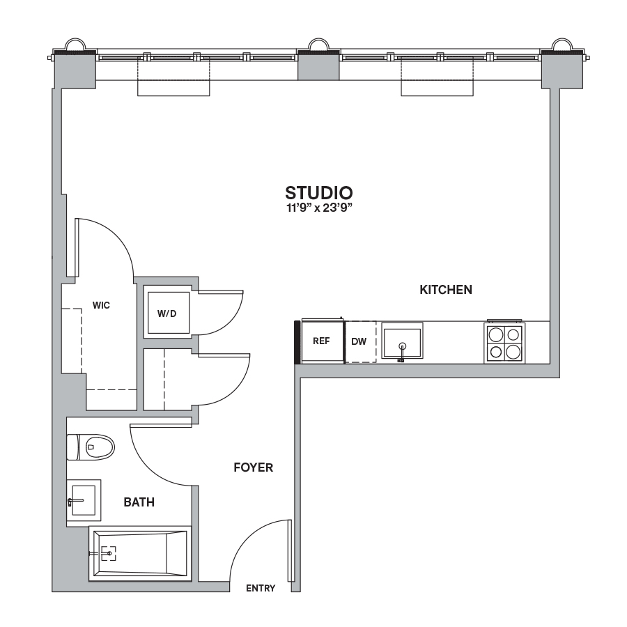 Floor plan for studio, 1 bath, 520 sqft
