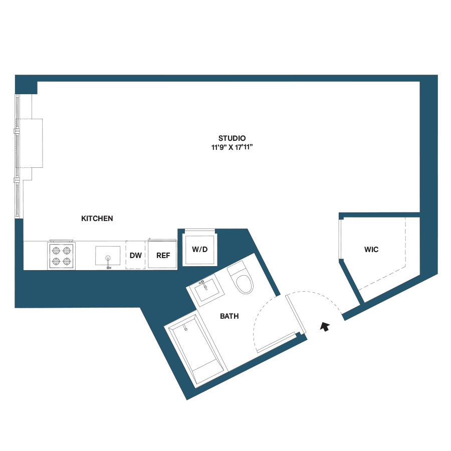 Floor plan for studio, 1 bath, 521 sqft