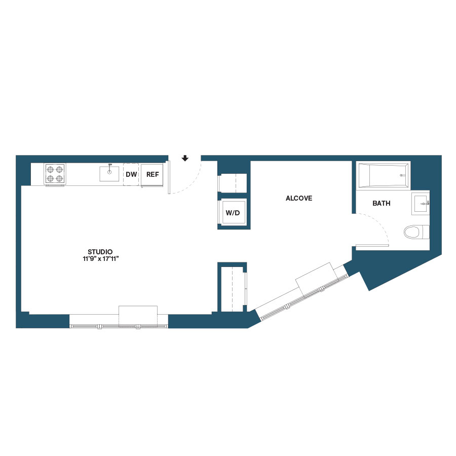 Floor plan for studio, 1 bath, 532 sqft