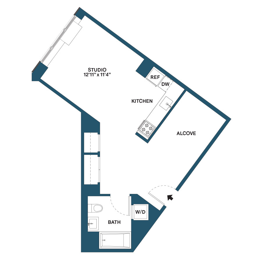 Floor plan for studio, 1 bath, 566 sqft