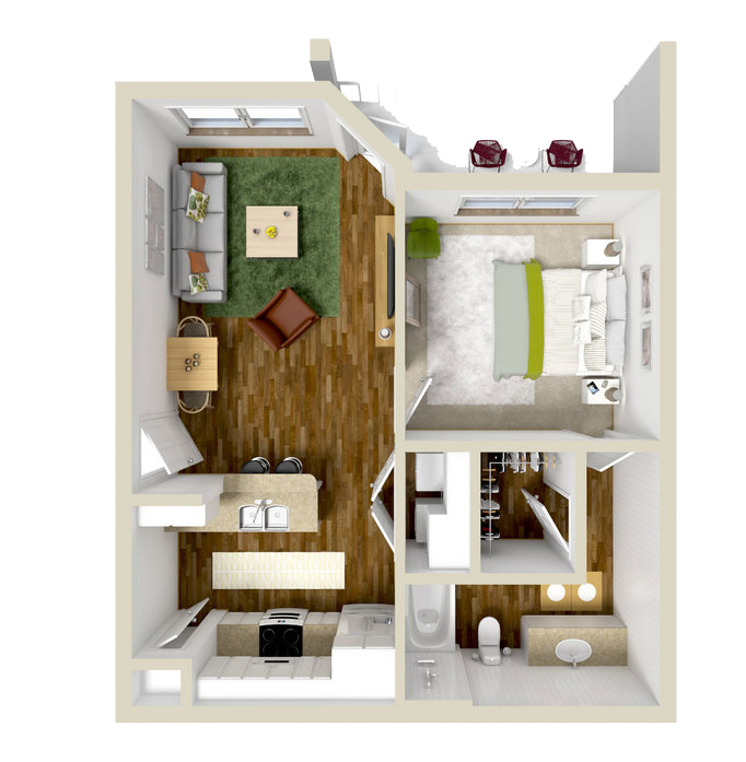 Floor plan for 1 bed, 1 bath, 611 sqft