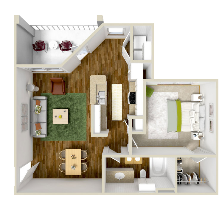 Floor plan for 1 bed, 1 bath, 756 sqft