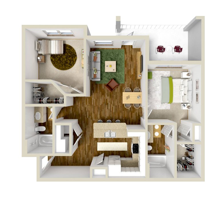 Floor plan for 2 beds, 2 baths, 997 sqft