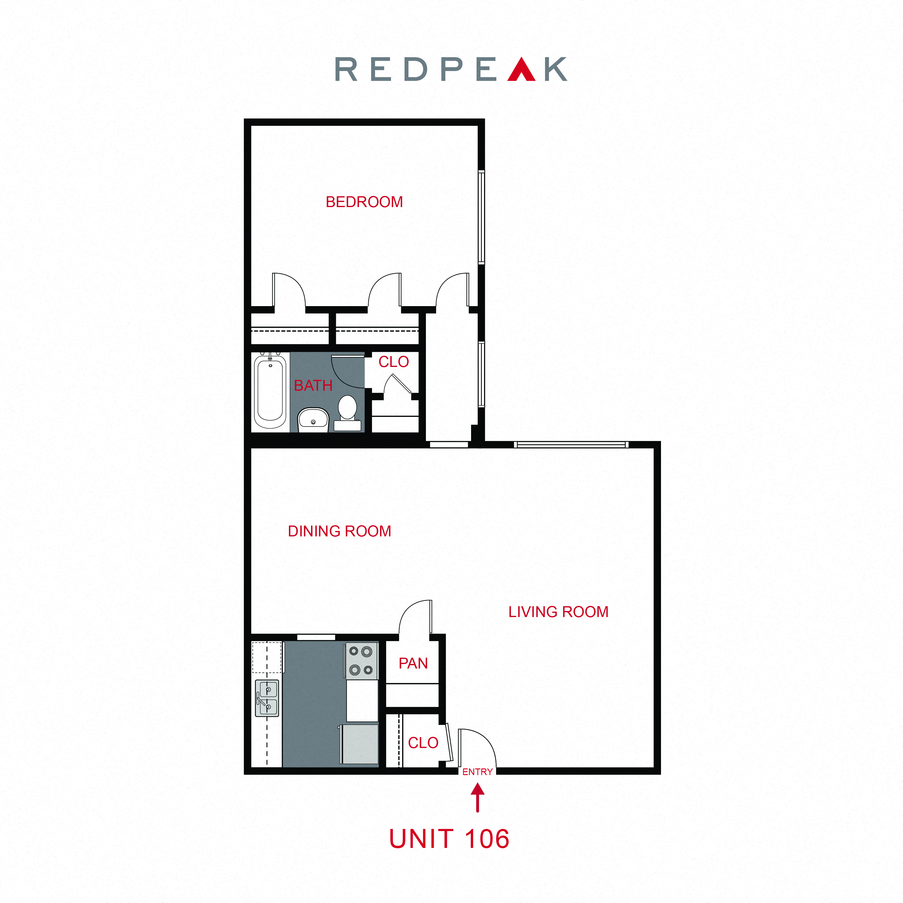 Floor plan for 1 bed, 1 bath, 711 sqft