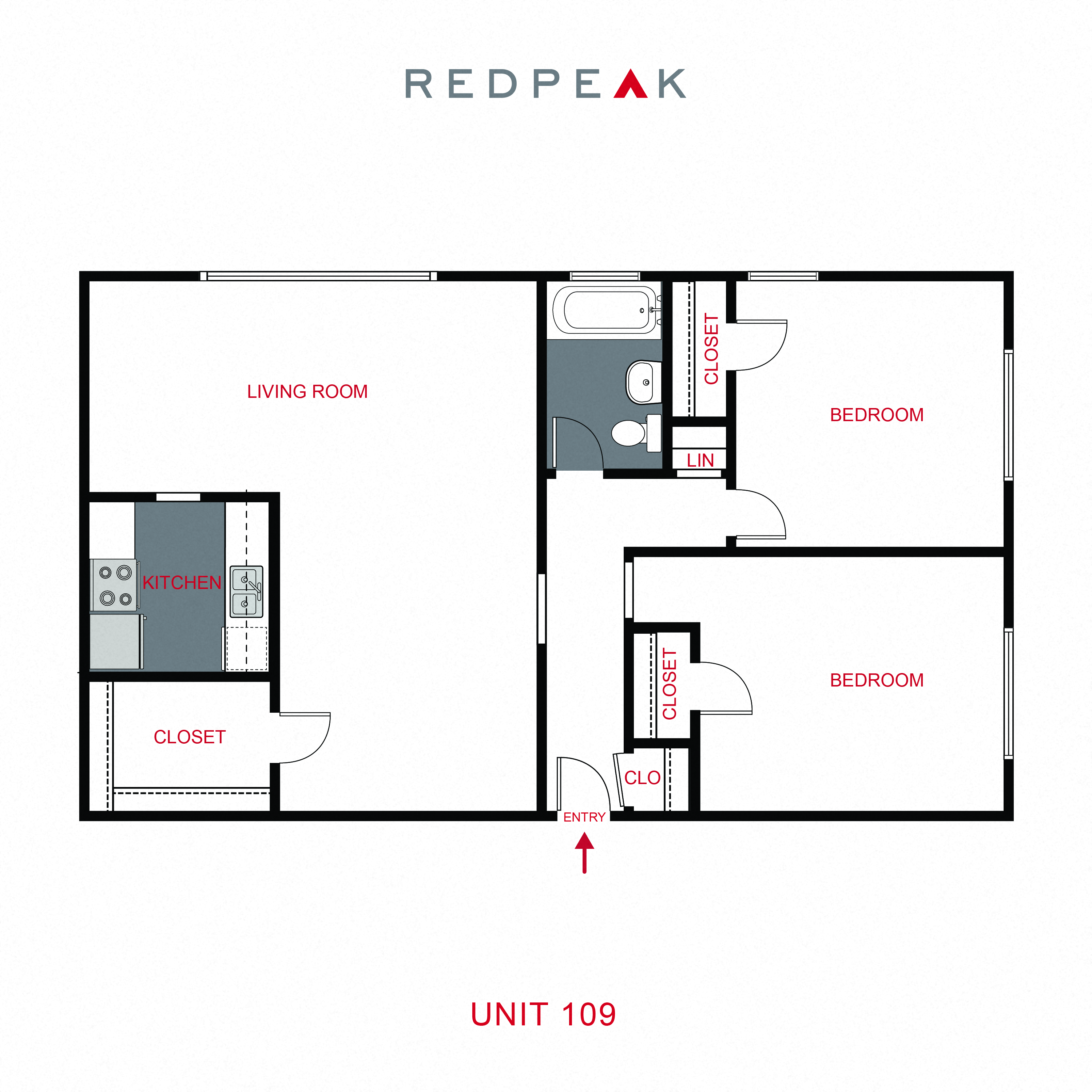 Floor plan for 2 beds, 1 bath, 854 sqft
