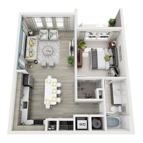 Floor plan for 1 bed, 1 bath, 767 sqft