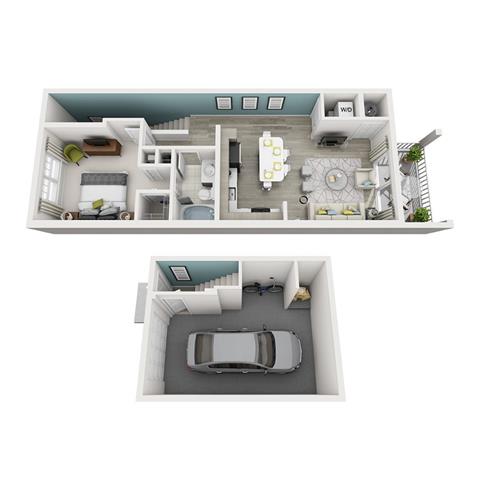 Floor plan for 1 bed, 1 bath, 748 sqft