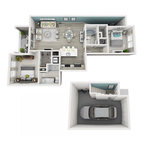 Floor plan for 2 beds, 2 baths, 1088 sqft