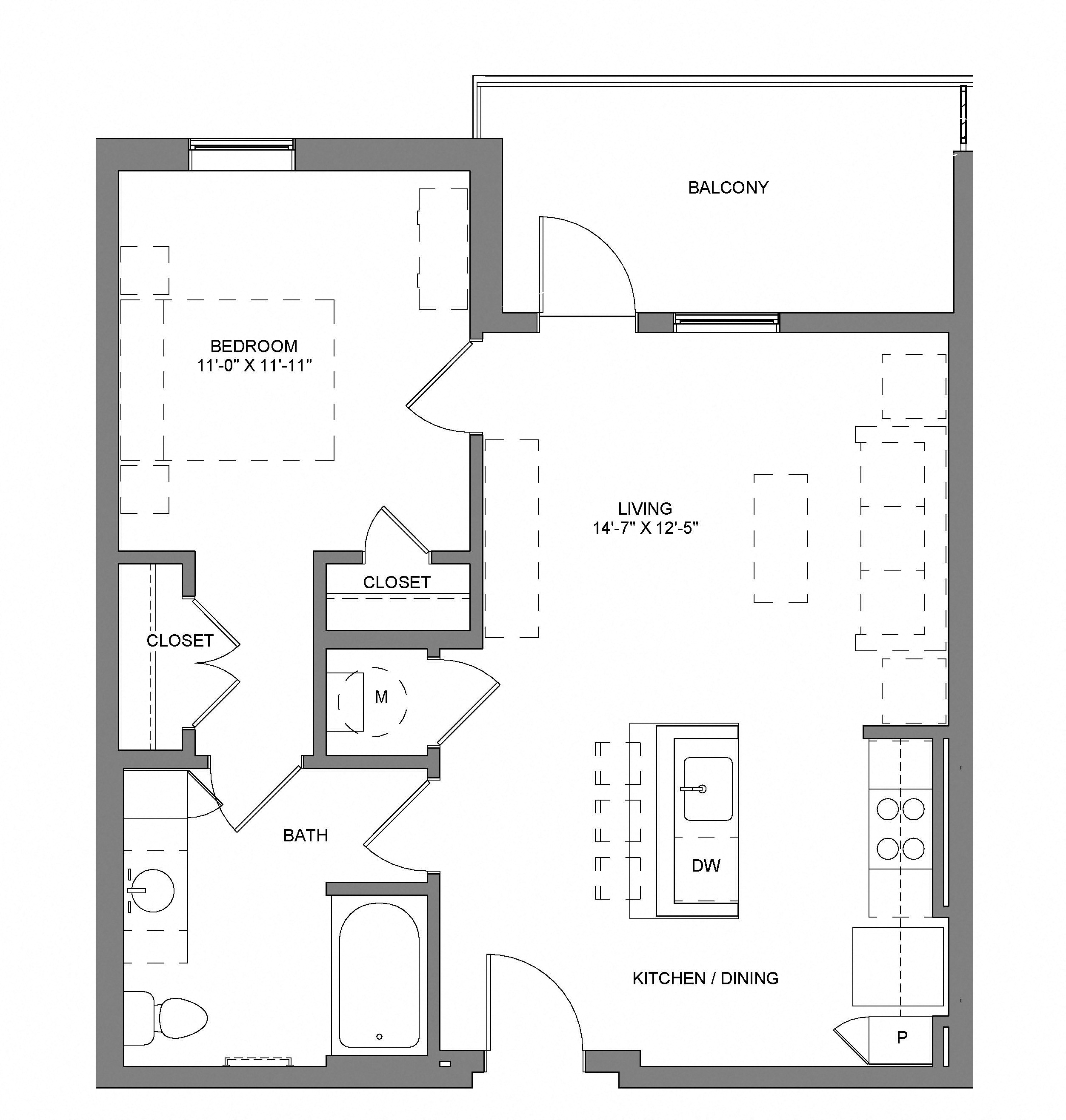 Floor plan for 1 bed, 1 bath, 650 sqft