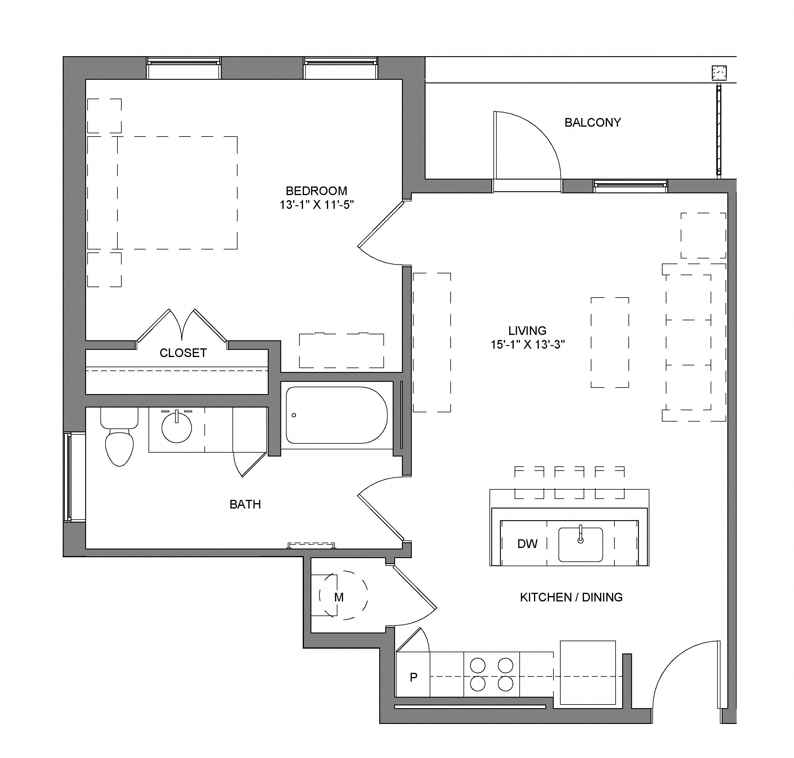 Floor plan for 1 bed, 1 bath, 650 sqft