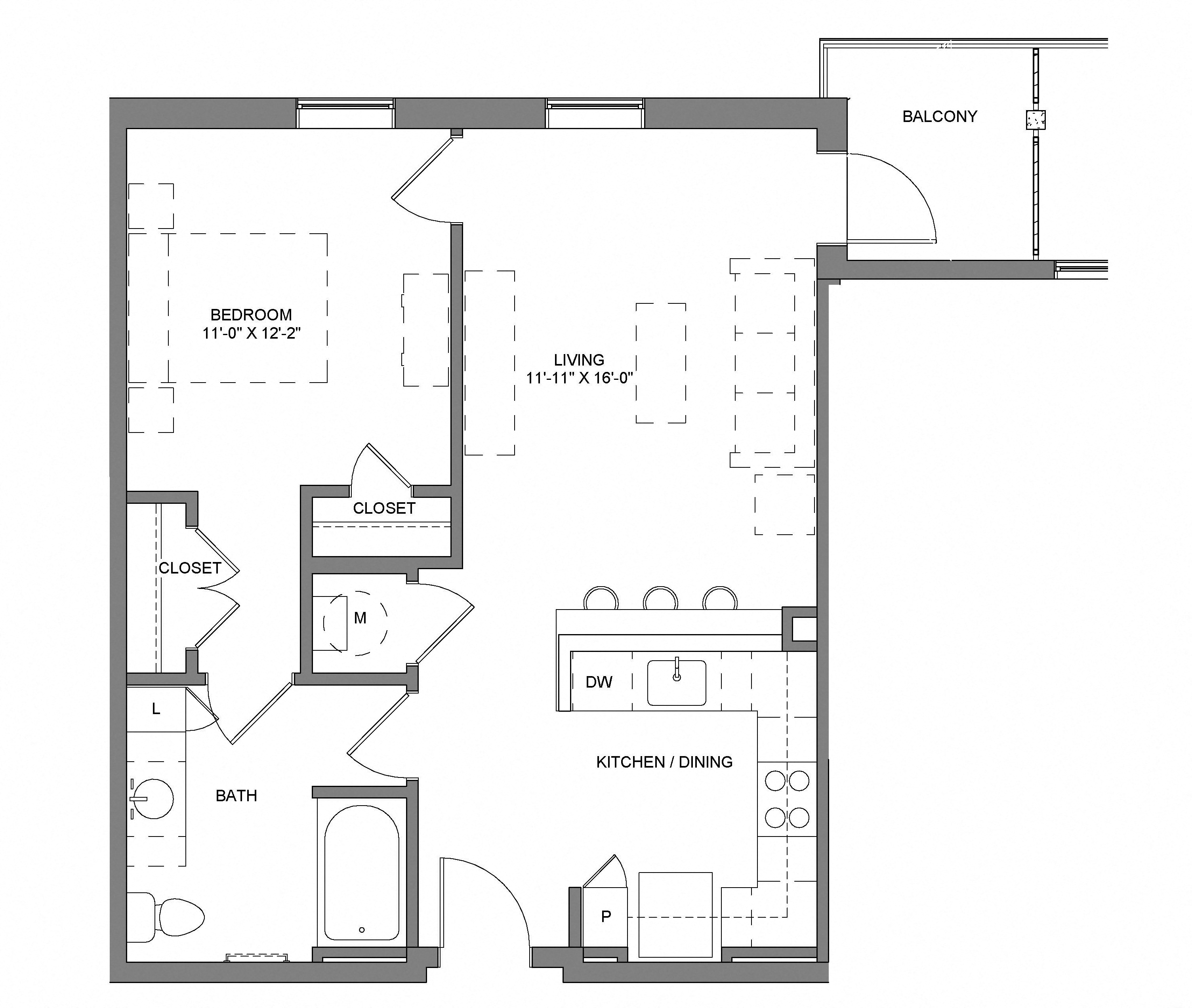 Floor plan for 1 bed, 1 bath, 650 sqft
