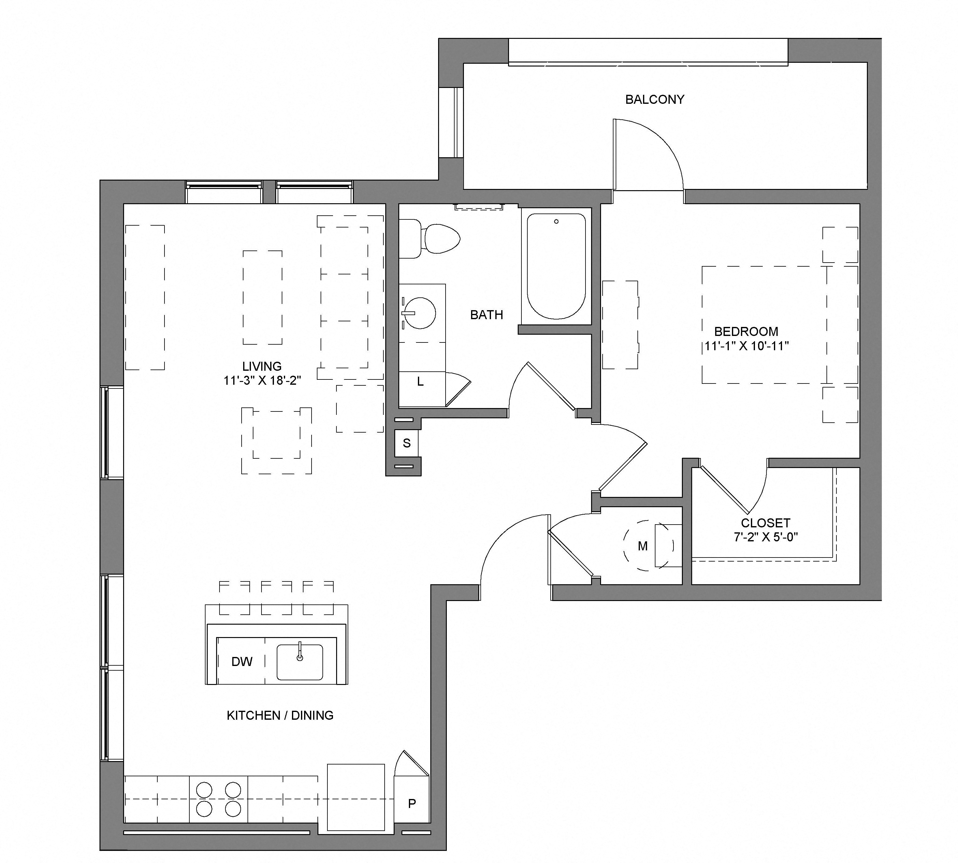 Floor plan for 1 bed, 1 bath, 650 sqft