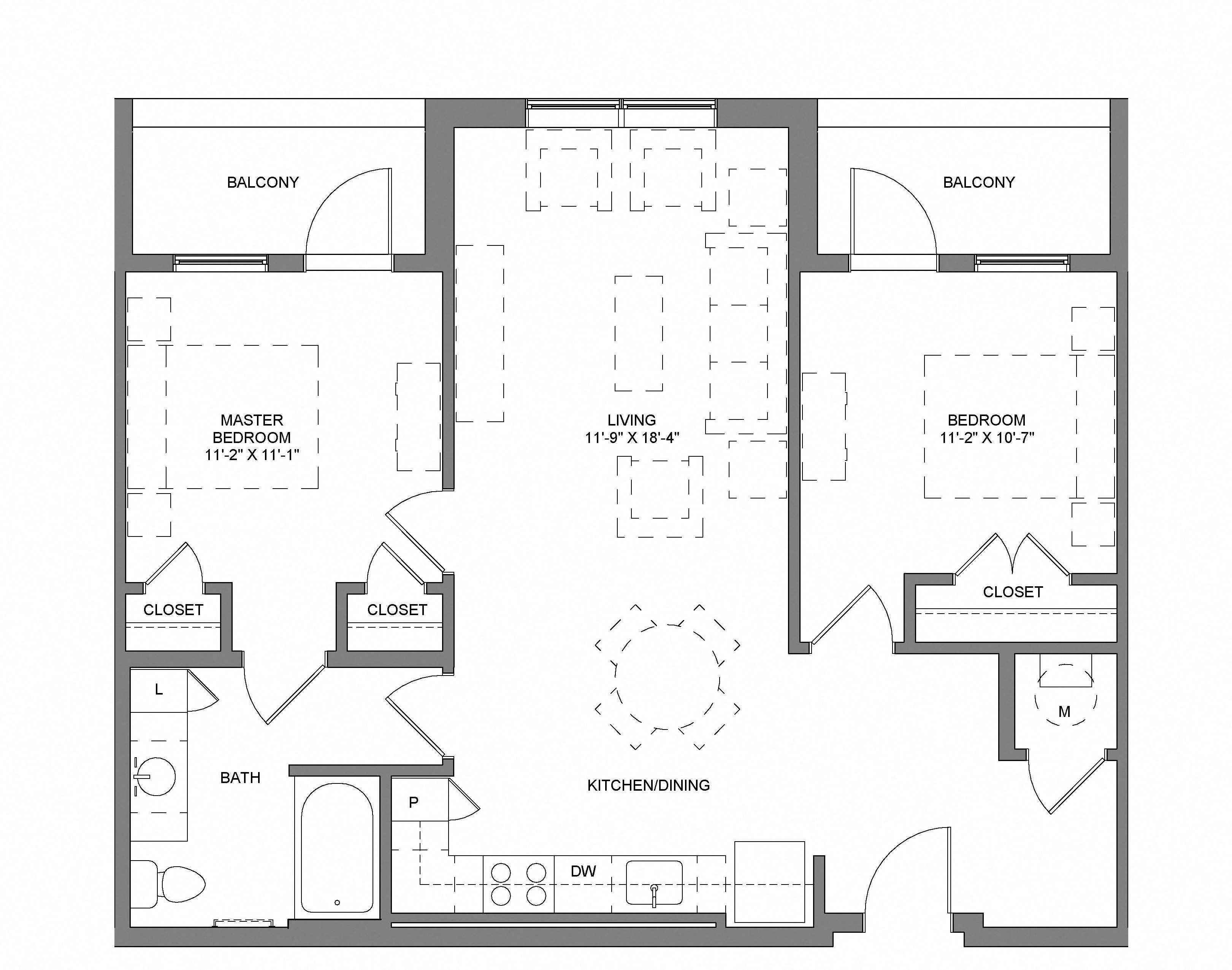 Floor plan for 2 beds, 1 bath, 850 sqft