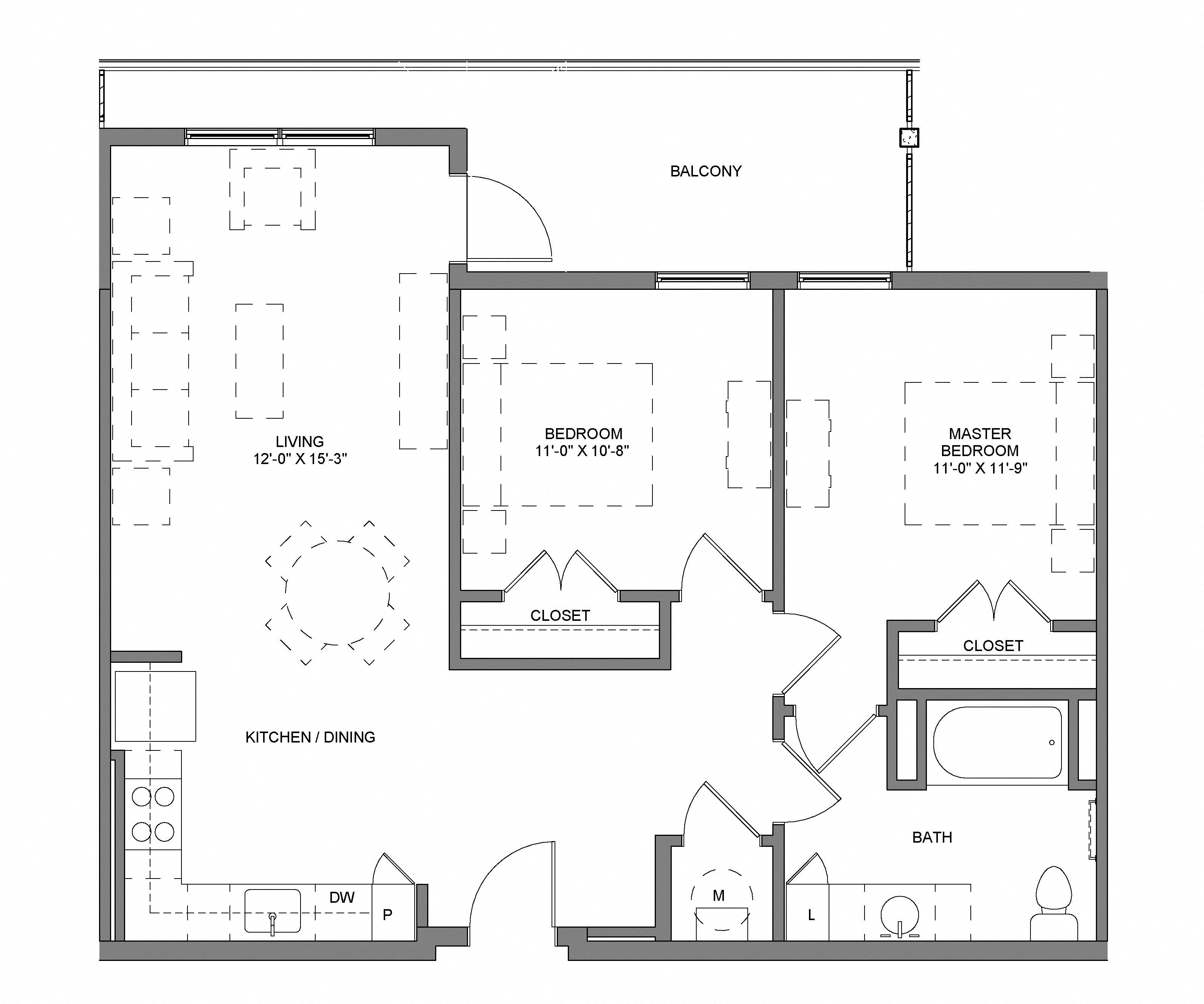 Floor plan for 2 beds, 1 bath, 850 sqft