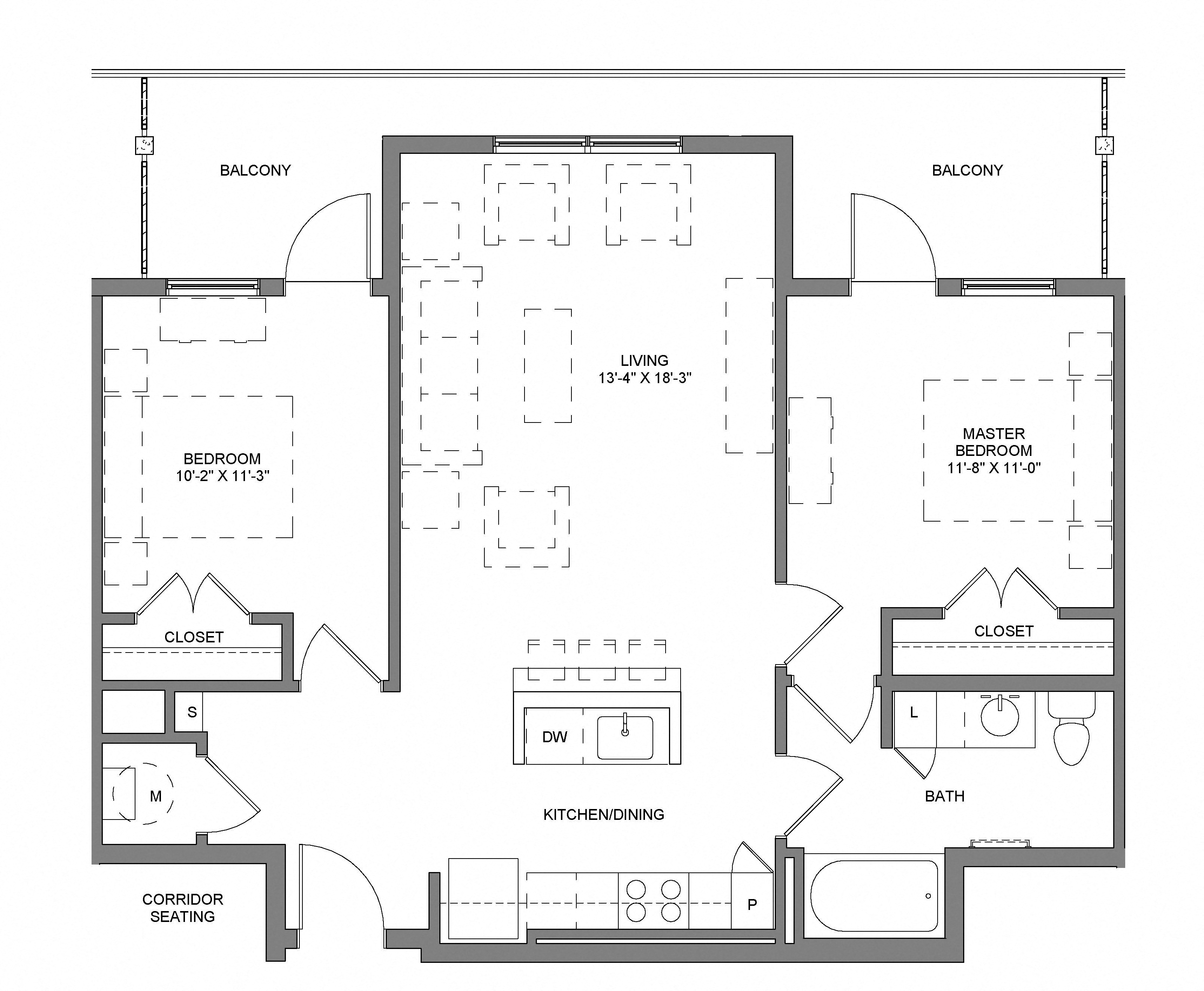 Floor plan for 2 beds, 1 bath, 850 sqft