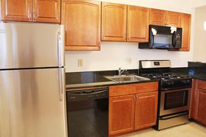 Cleveland Heights apartment for rent - a kitchen with stainless steel appliances and wooden cabinets