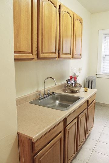 Cleveland Heights apartment for rent - a kitchen with a sink and wooden cabinets