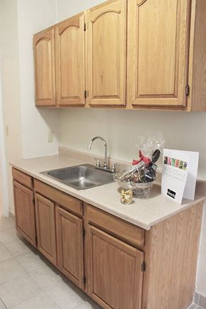 Cleveland Heights apartment for rent - a kitchen counter with a sink and wooden cabinets